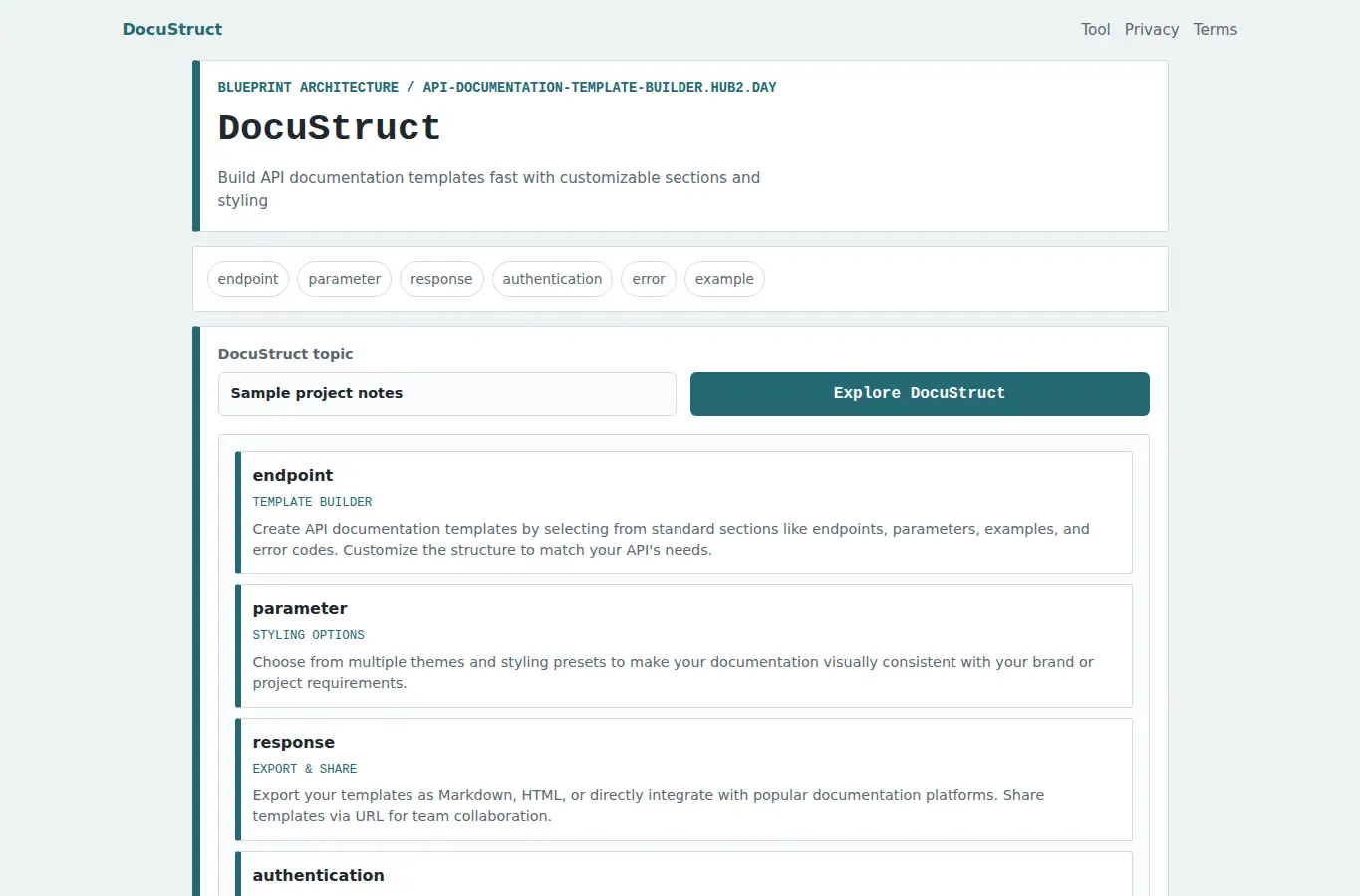 Screenshot of DocuStruct interface showing the project page in use